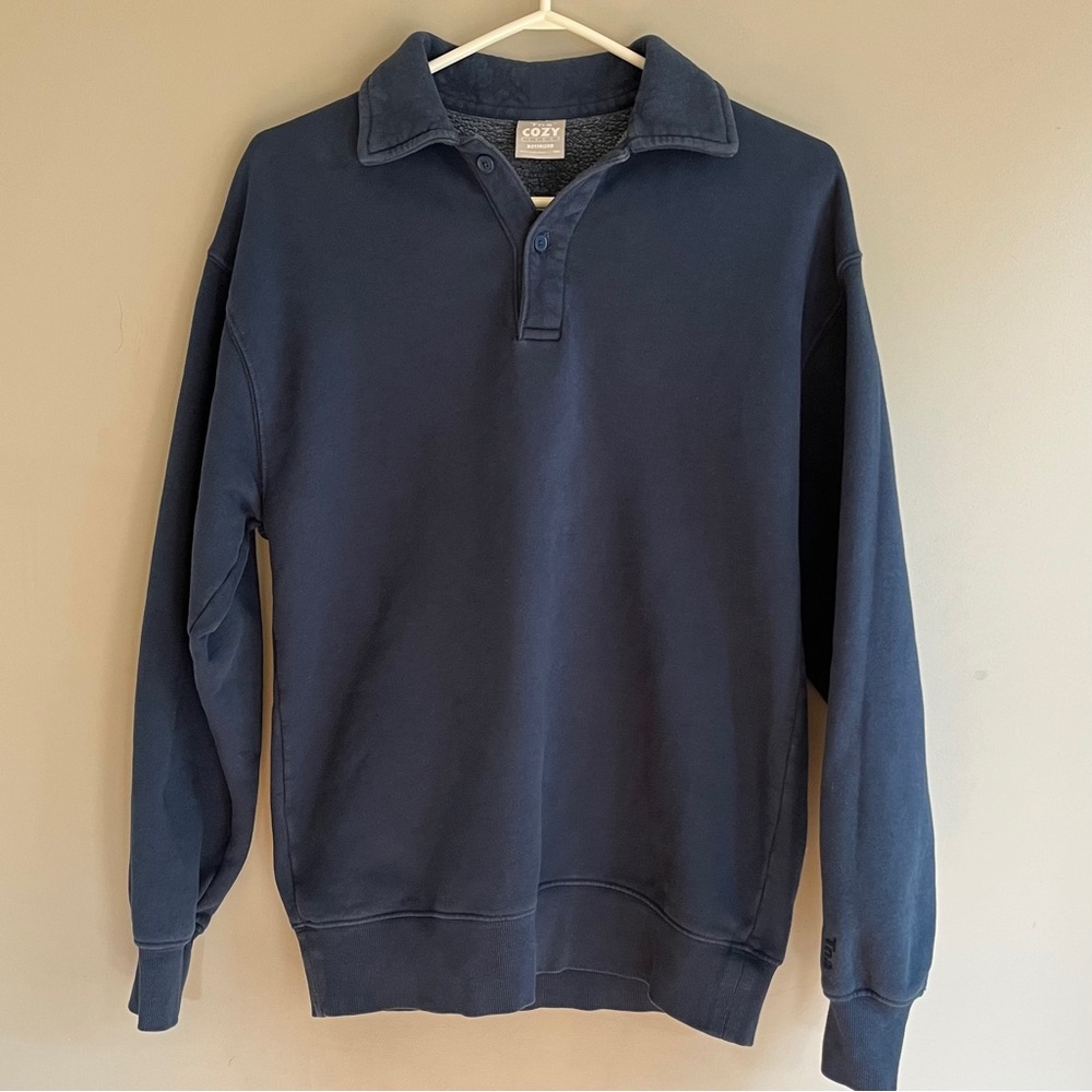 Aritzia | TNA Blue Cozy Fleece Boyfriend Fit Oversized Polo Pullover.